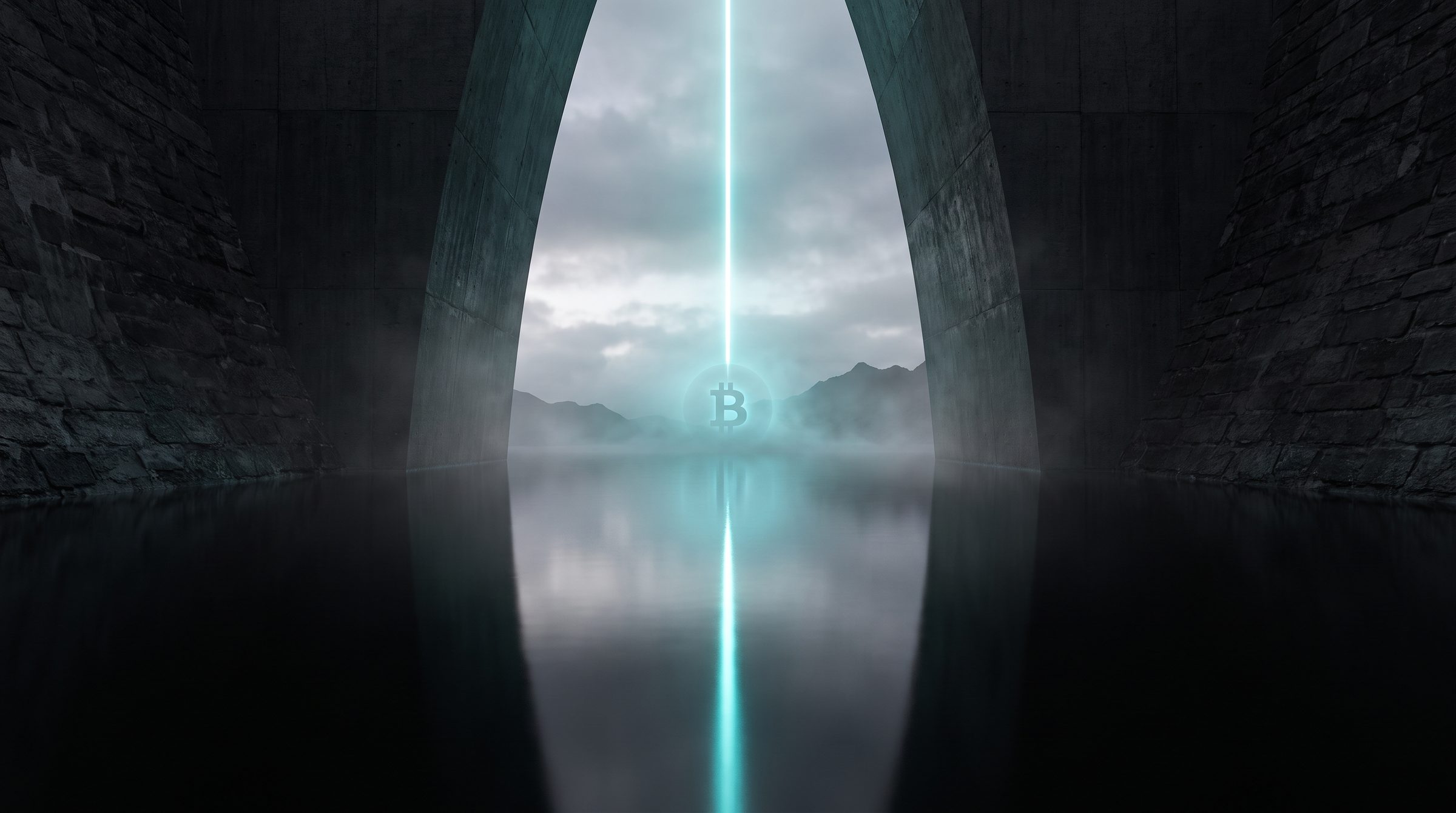 A monumental dark stone archway opens onto a misty dawn horizon, a single turquoise beam of light converging on a glowing Bitcoin symbol, reflected in still black water.